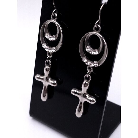 Silver Cross Dangle Earrings With Rhinestone Accents & Circular Detailing - Picture 4 of 5